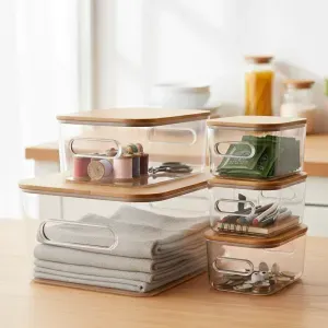 Kit de 5 Unidades Cestos Acrílicos com Tampa de Bambu