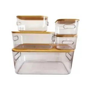 Kit de 5 Unidades Cestos Acrílicos com Tampa de Bambu