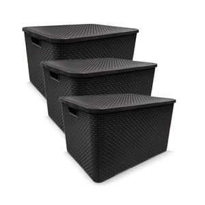 Kit 3 Caixas Organizadoras Rattan com Tampa Preta 40L