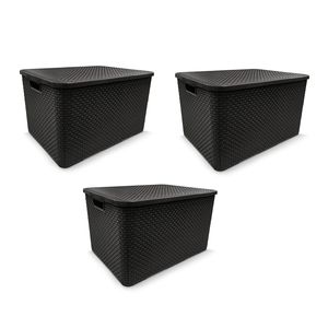 Kit 3 Caixas Organizadoras Rattan com Tampa Preta 40L